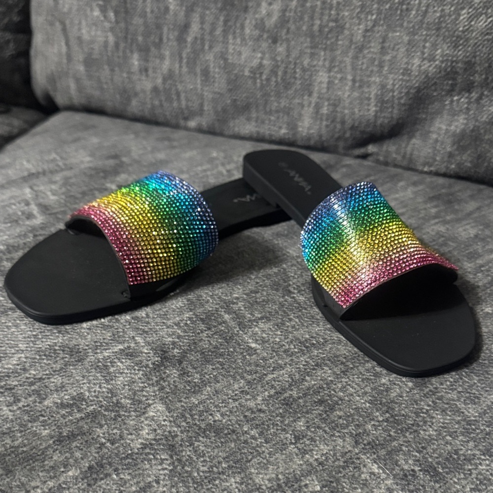Colorful Rainbow Rhinestone Slide Sandals Size 9